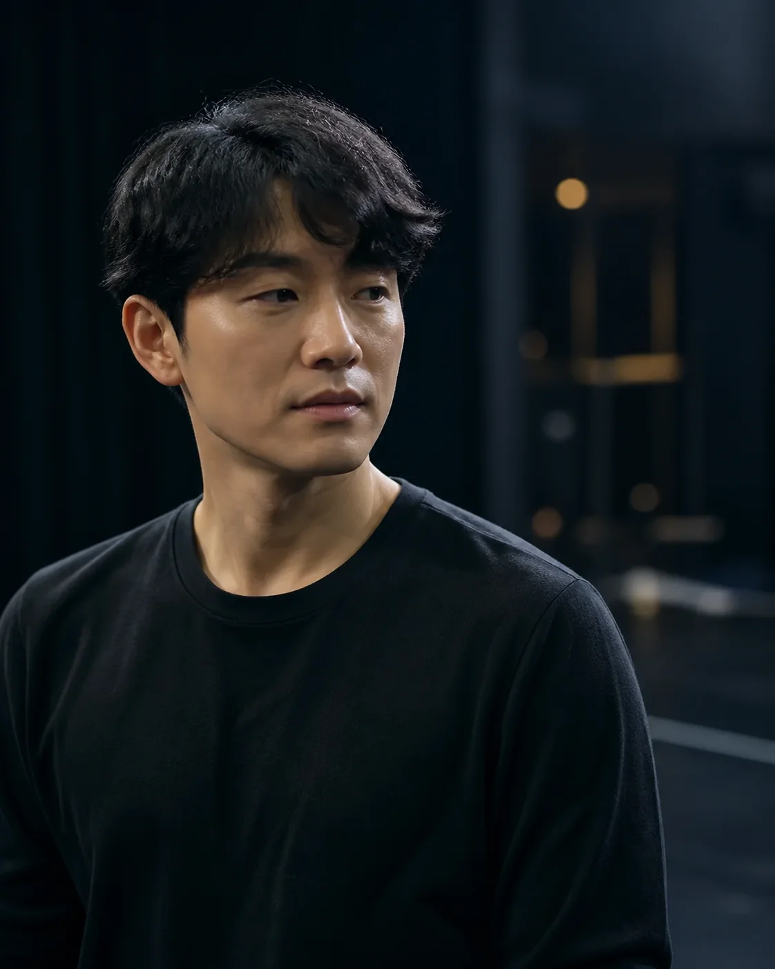 검은 연습실에 선 데모용 가상 성인 배우의 인물 사진